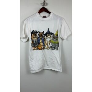 Vintage Oneita Halloween Cats Graphic T-Shirt White Single Stitch Medium 90s